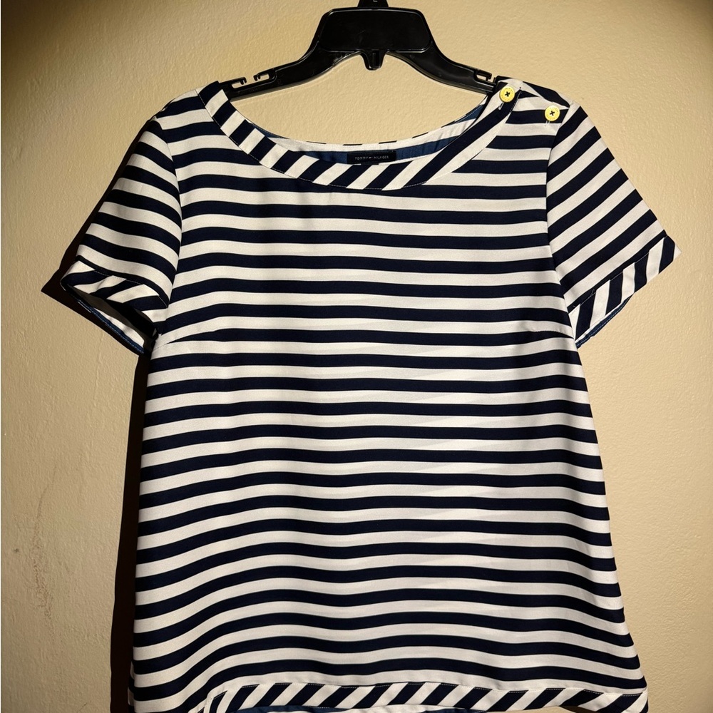Tommy Hilfiger Black and White Asymmetrical Sailor Collar Blouse